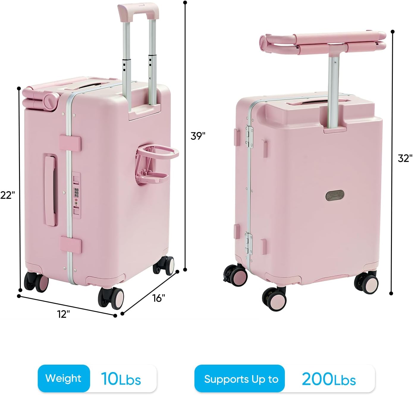20" Carry On Suitcase with Built-in Child Seat - Hardshell Travel Tote with Cup Holder, Double Handles & TSA Lock for Family Travel, Pink