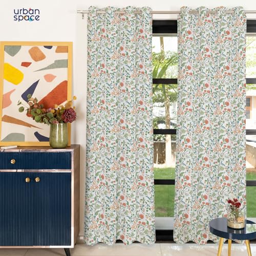 Image of Urban Space 100% Cotton Floral Curtains 5 Feet Long Set Of 2, 60-65% Room Darkening, Decorative Curtains With Eyelets /Rings For Hanging, Tieback Included (Noor, Window - 5 Feet), White