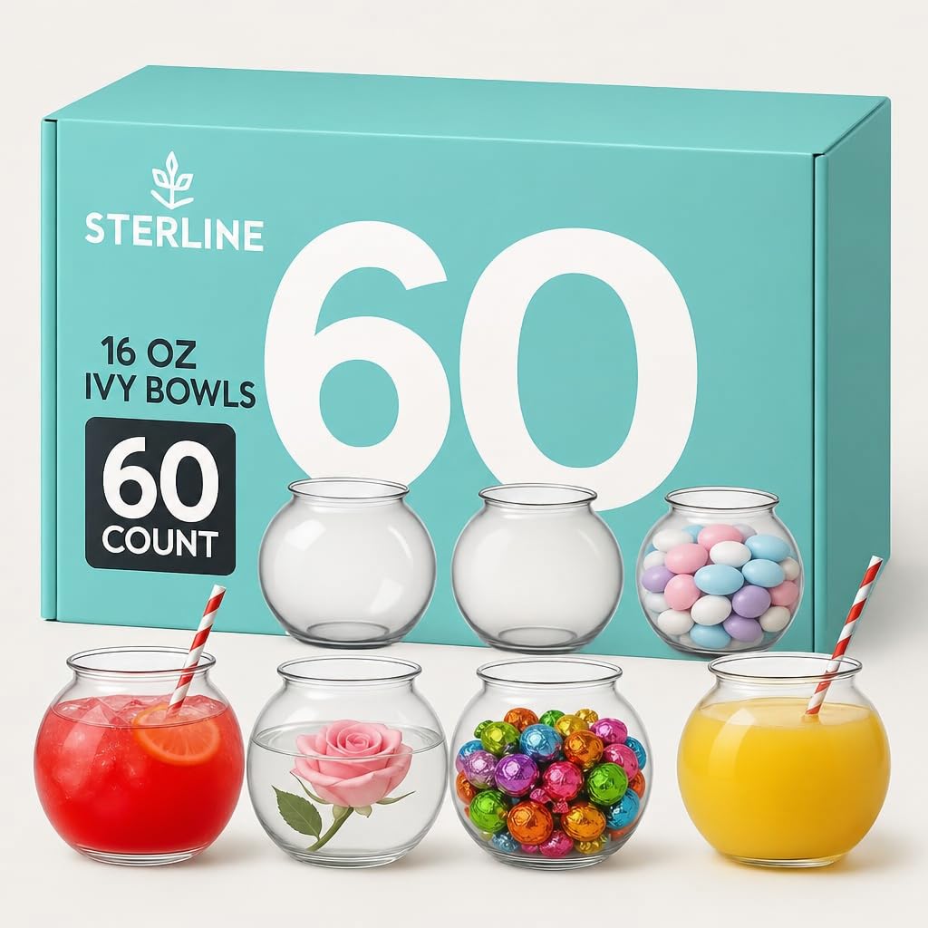 60 Pack Clear Plastic Ivy Bowls – 16 oz Reusable Mini Fishbowls for Candy, Crafts, Cocktails, Decor &amp; More – Food Safe, BPA-Free, Unbreakable – Perfect for Events, Weddings &amp; Parties