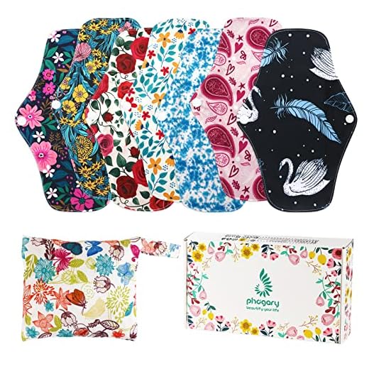 Reusable Menstrual Pads, Bamboo Cloth Pads for Heavy Flow with Wet Bag, Large Sanitary Pads Set with Wings for Women, Washable Overnight Cloth Panty Liners Period Pads (7 in 1, 25.4cm 4 Layers)
