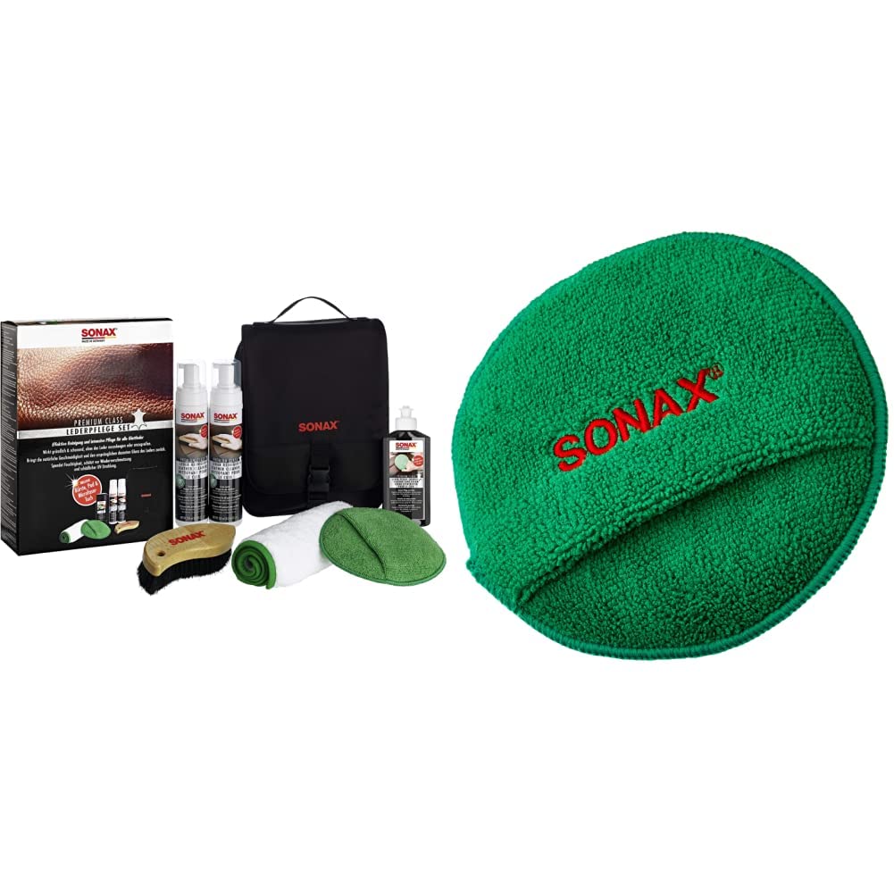SONAX PremiumClass LederPflegeSet (3x 250 ml) inkl. 2x LederReinger, 1x LederPflegeCreme, 1x MicrofaserTuch; 1x MicrofaserPflegePad, 1x IntensivreinigungsBürste & MicrofaserPflegePad (1 Stück)