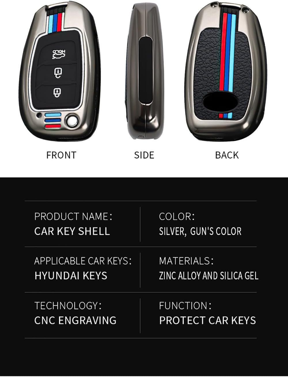 HIBEYO Flip 3 Button Key Fob Cover for Hyundai Tucson Sonata Fe Creta Mistra Elantra Ioniq Venue IX35 I10 I20 I30 I40 Solaris Kona Santa Fe Accessories Alloy+TPU Key Shell Cover-3 Button Black