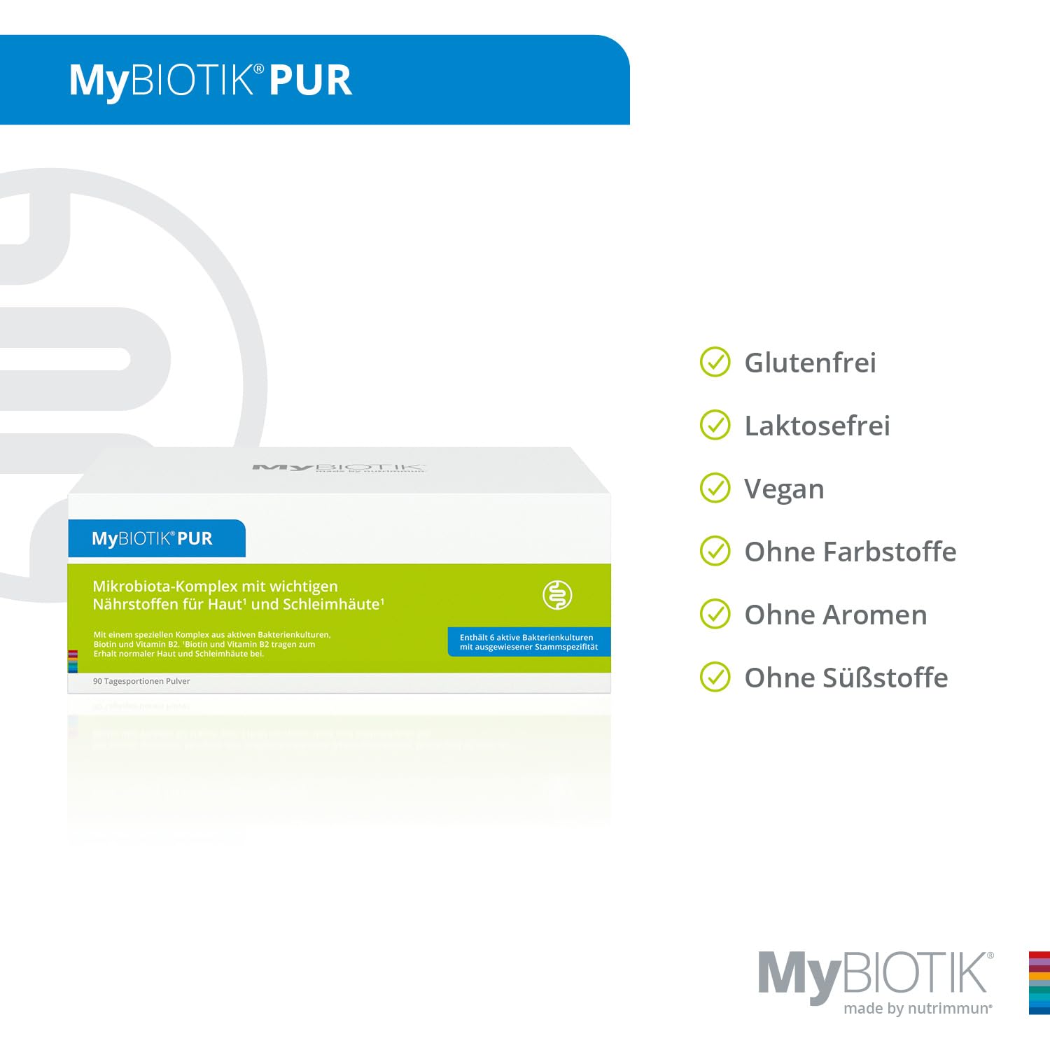 MyBIOTIK®PUR I made by nutrimmun I Für 90 Tage I 6 aktive Bakterienkulturen I Ausgewiesene Stammspezifität I Vitamin B2 I Biotin I Pulver I Vegan I Glutenfrei I Laktosefrei I Laborgeprüft