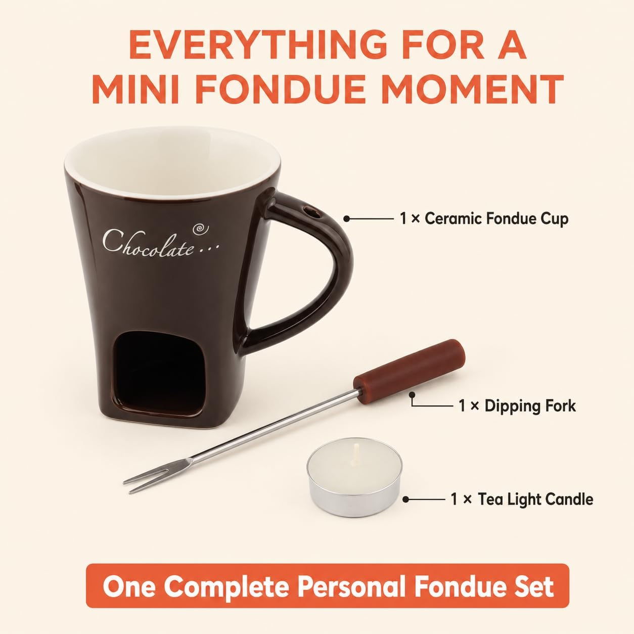 Ceramic Fondue Cup, Chocolate Melting Mug with Fork & Candle，Red
