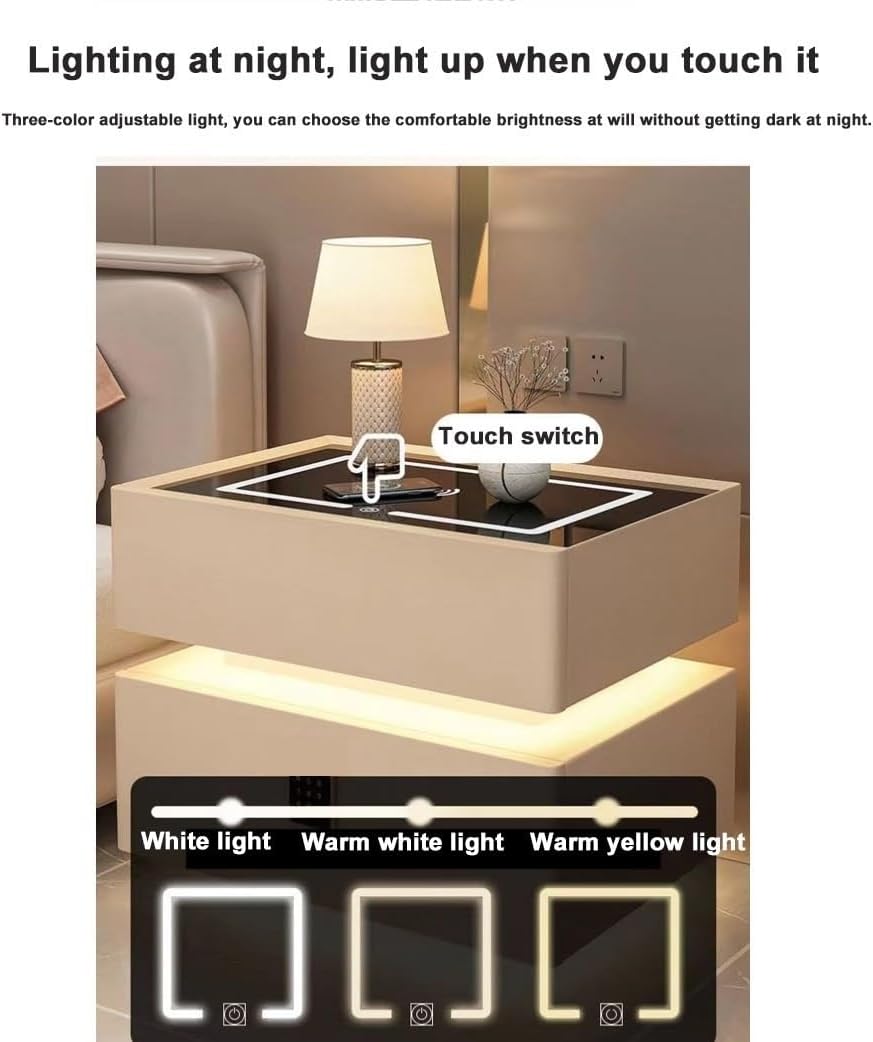 Smart Nightstand, Modern Wireless Charging Bedside Table, Night Stand with 2 Drawers for Bedroom, Night Table with Light, Side Table End Table for Bedroom(Khaki,15.7x15.7x18.9in)