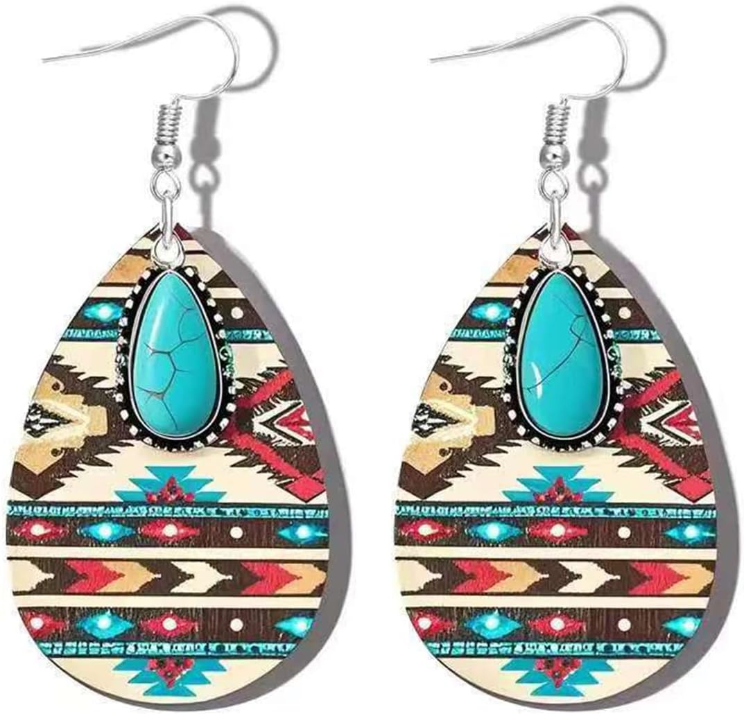 Native American Turquoise Dangle Earrings for Women Bohemia Natural Stone Teardrop Wooden Hook Earring Vintage Western Aztec Earrings Holiday Jewelry