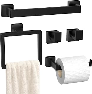 Matte Black 5-Piece Bathroom Hardware Set - SUS304 Stainless Steel Towel Bar, Ring, TP Holder & Hooks - Rustproof Wall Mount