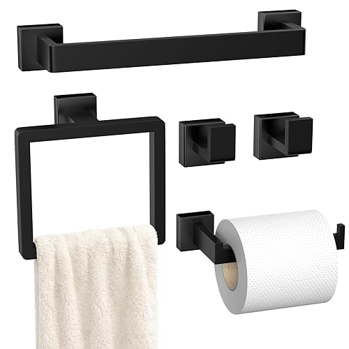 5-Pieces Matte Black Bathroom Hardware Accessories Set, SUS304 Stainless Steel Bath Towel Bar Set, Towel Racks for Bathroom Wall Mounted.