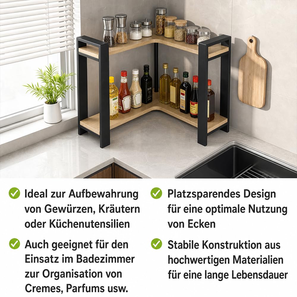 Estantería esquinera de cocina, encimera de 2 niveles, en forma de L, organizador para especias y utensilios de cocina, ahorra espacio y estable, 30 x 33 x 30 cm
