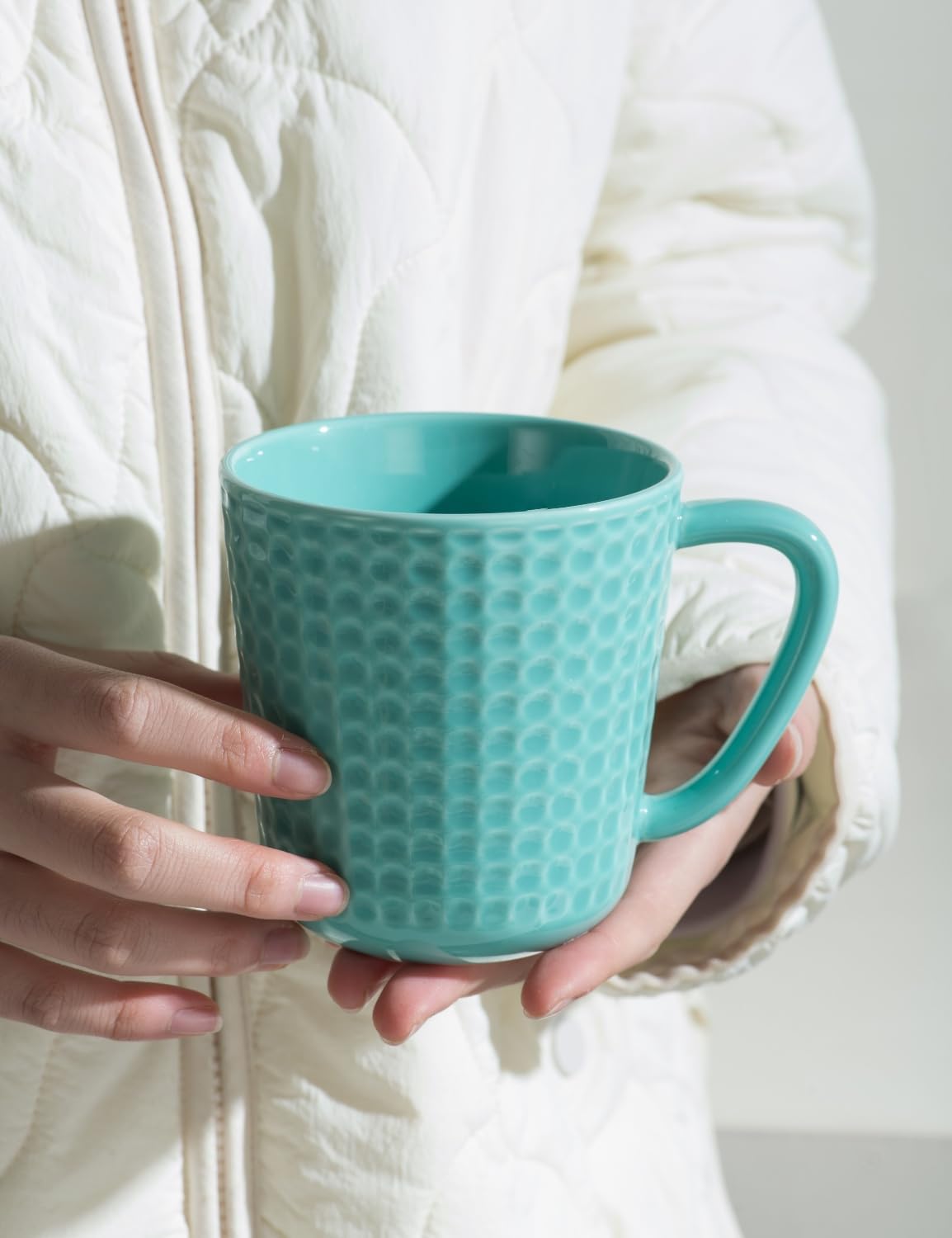 15 oz Waffle Embossed Ceramic Coffee Mugs Set of 4 - Microwave & Dishwasher Safe Ceramic Coffee Cups with Handle for Latte Cappuccino Tea Stoneware Mugs Set Housewarming Wedding Gift (Turquoise)