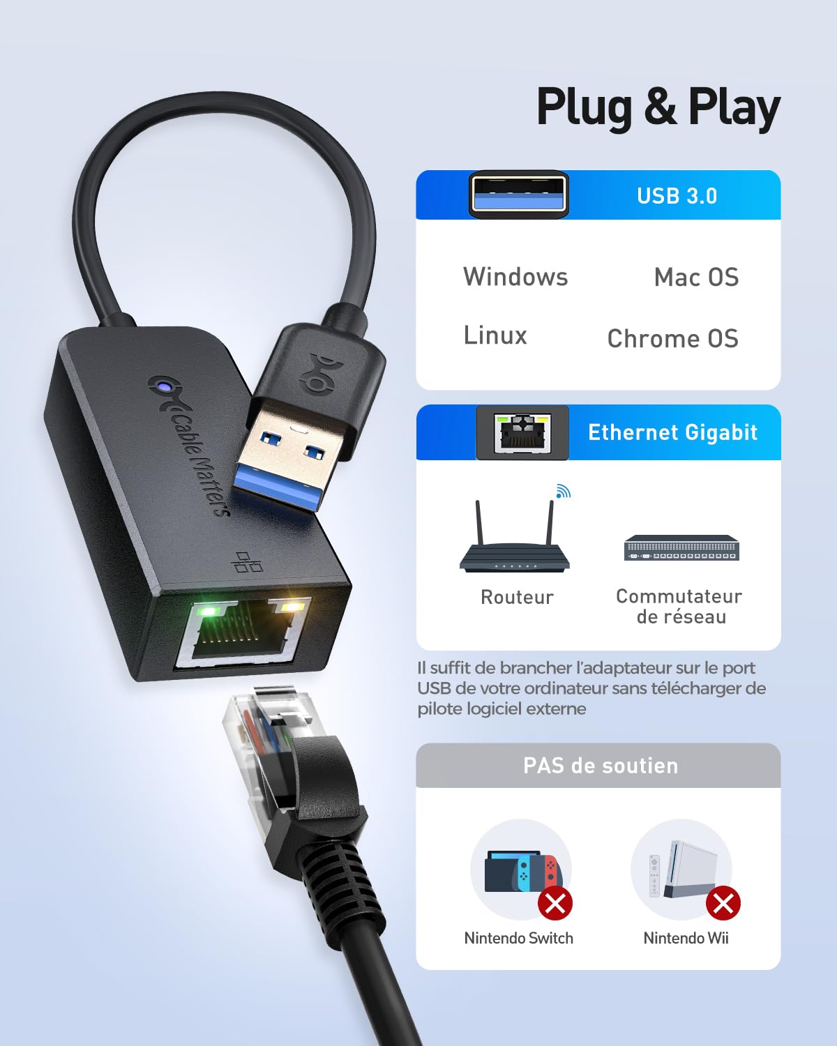 Cable Matters Lot de 2 Adaptateurs USB 3.0 vers Gigabit Ethernet, Noir | 10/100/1000 Mbps LAN, Plug et Play, USB réseau adaptateur, PXE MAC Address Clone, ordinateur portable