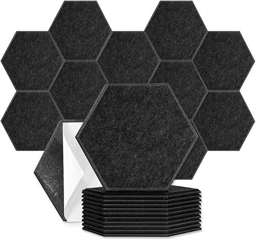 Paquete de 12 paneles acústicos hexagonales de 11.8 x 10.3 x 0.35 pulgadas, autoadhesivos, de alta densidad, absorben el sonido, paneles de pared en