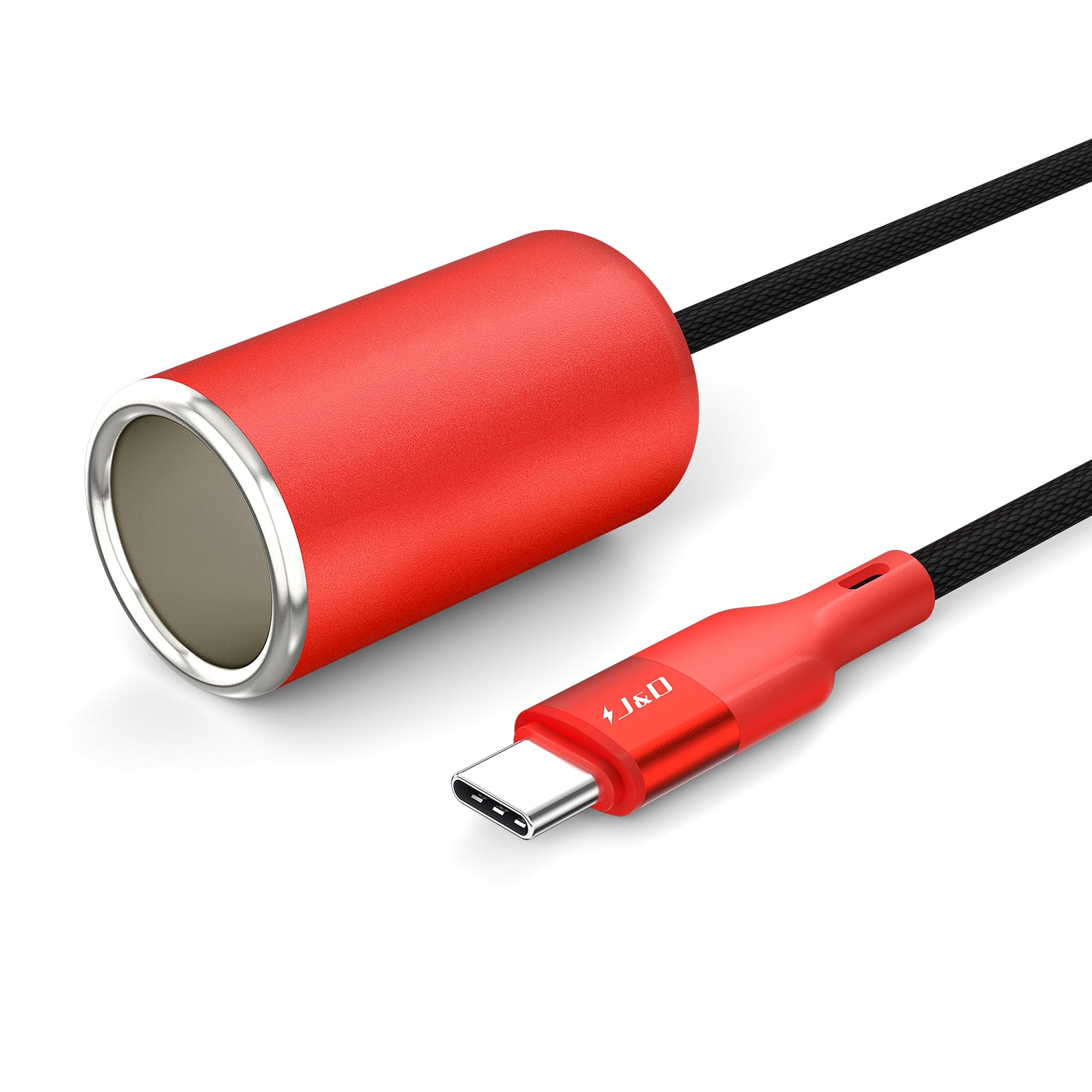 J&D USB-C auf 12V Zigarettenanzünder Adapter, 36W Typ-C Port mit PD-Protokoll, USB-C Stecker auf KFZ-Stromkabel für Dashcam, GPS, Rot, 0.9 m