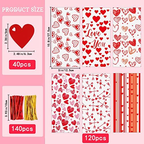 DIYDEC 120pcs Valentines Cellophane Bags, Valentine Red Heart Treat Sweet Candy Cookies Bags with 140 Pieces Twist Ties for Valentine Party Supplies