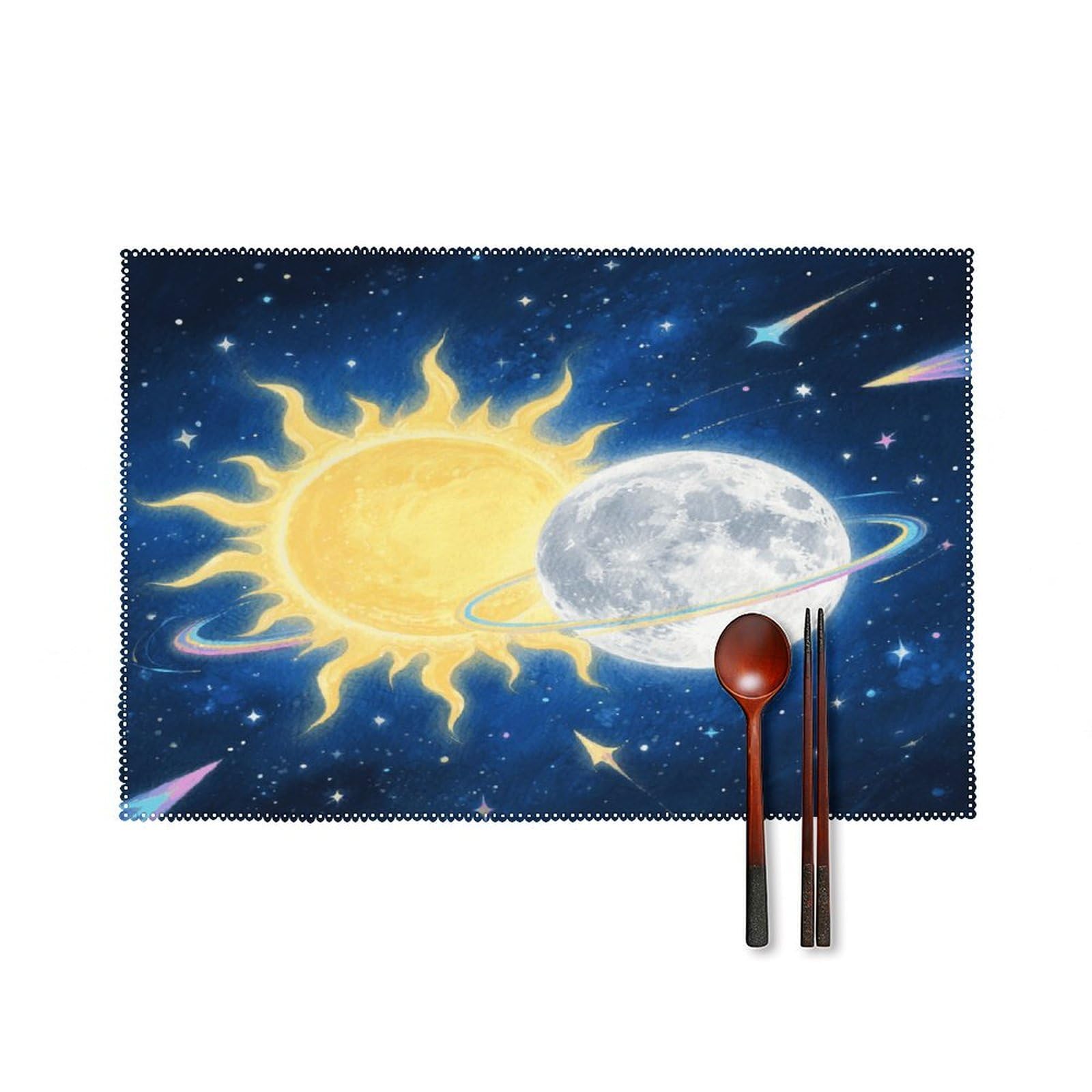 Moon Sun Placemats Set of 6 Non-Slip Stain Resistant Indoor Outdoor Table Mat Washable Cloth Place Mat Fashion Kitchen Placemat for Dining Table Decoration 17.7x11.8 in