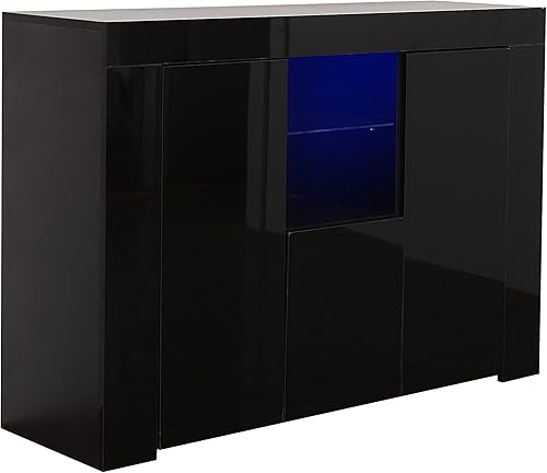 Miniatura 6 de ME2 Armario de madera con luz LED, armario de almacenamiento de buffet blanco de alto brillo para comedor, pasillo, sala de estar, soporte de TV,