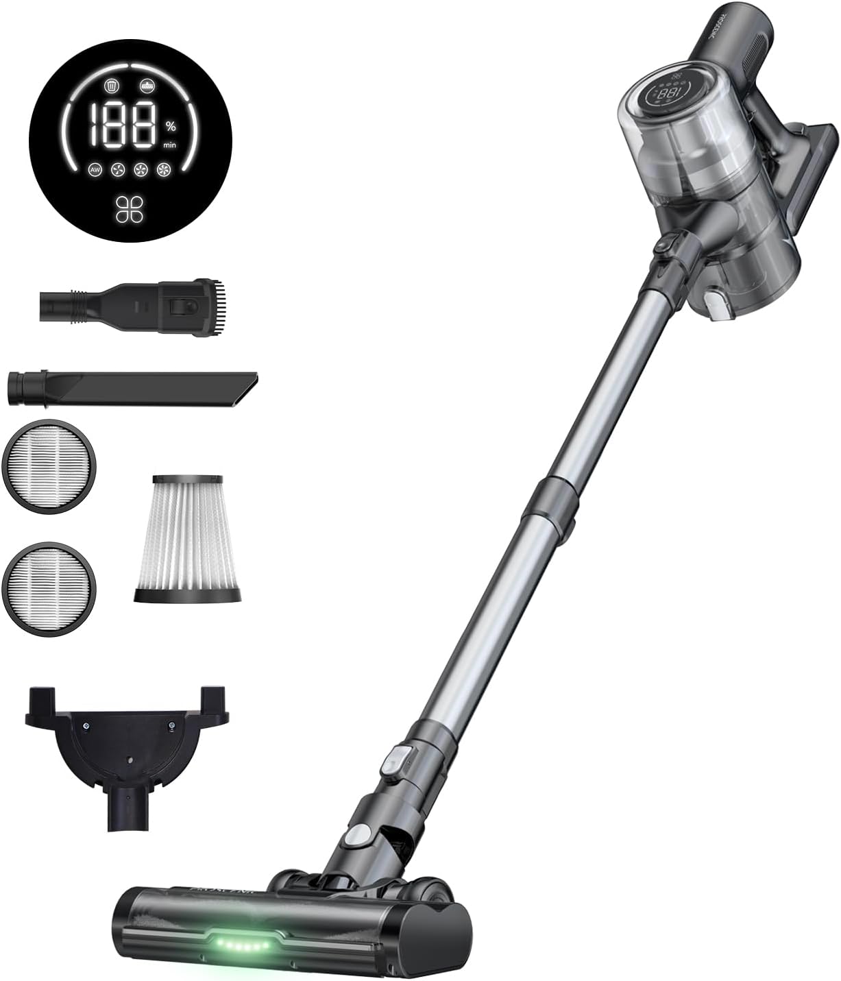 Proscenic P13 Cordless Vacuum Cleaner, 45 KPa 550 W, 45 Mins Battery Vacuum Cleaner with Touchscreen and Anti-Tangle, 1.2 L Wireless Vacuum Cleaner for Carpet, Hard Floors, Curtain, Pet Hair