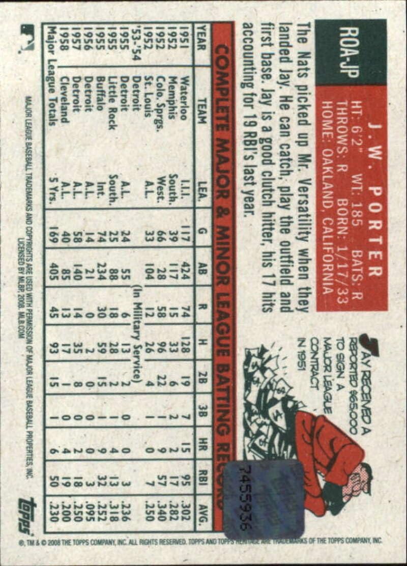 2008 Topps Heritage Baseball Real One Autographs JP J.W. Porter Auto Washington Senators Official MLB Trading Card (Near Mint to Mint Condition)