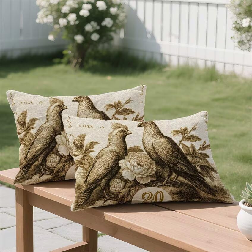 Housse de coussin 50x90cm rectangulaire en lin imperméable motif oiseau l-m258 - 3