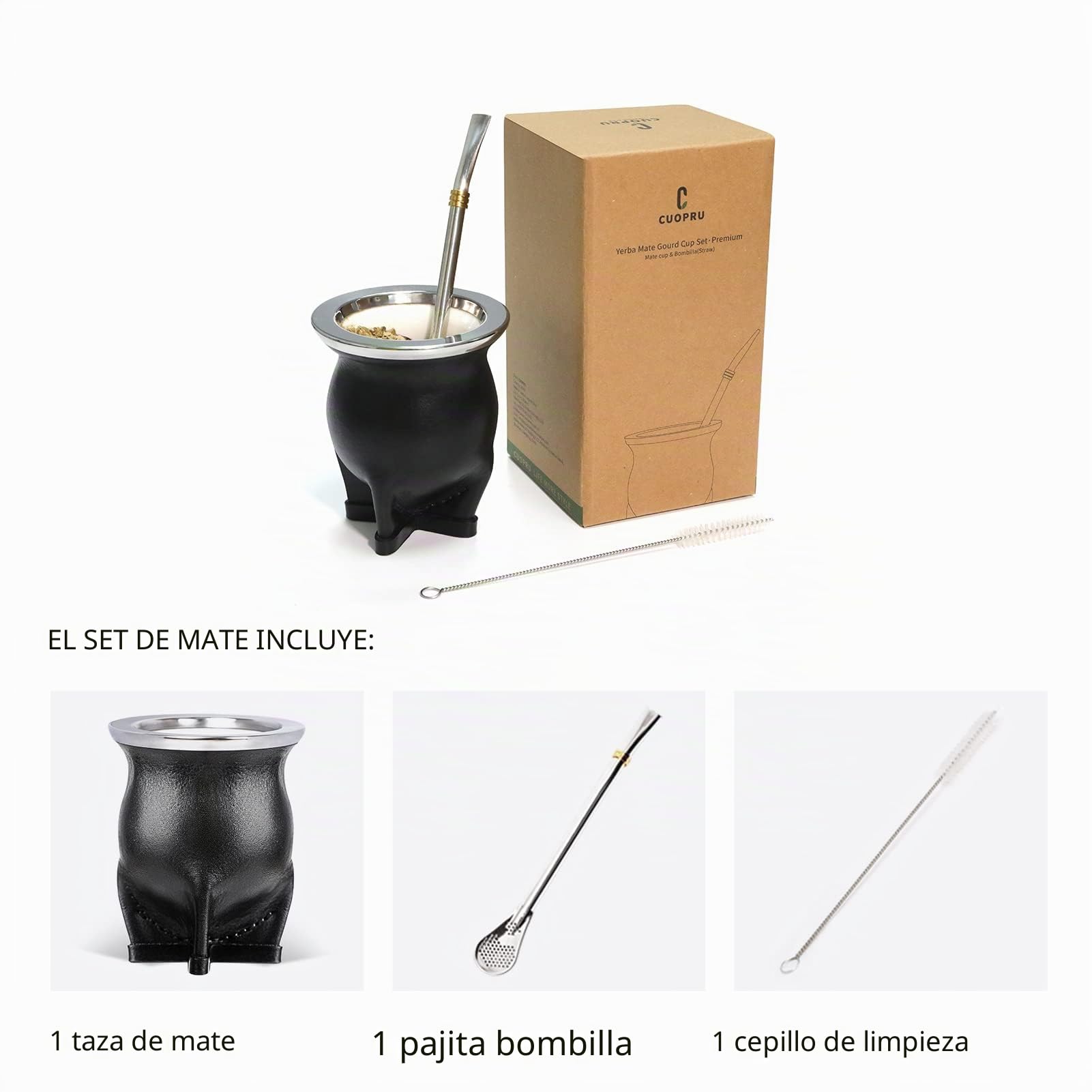 Cuopru Forro Cerámico Yerba Mate Taza Argentina Calabaza con Bombilla Mate Pajita, Cepillo de Limpieza (Negro)