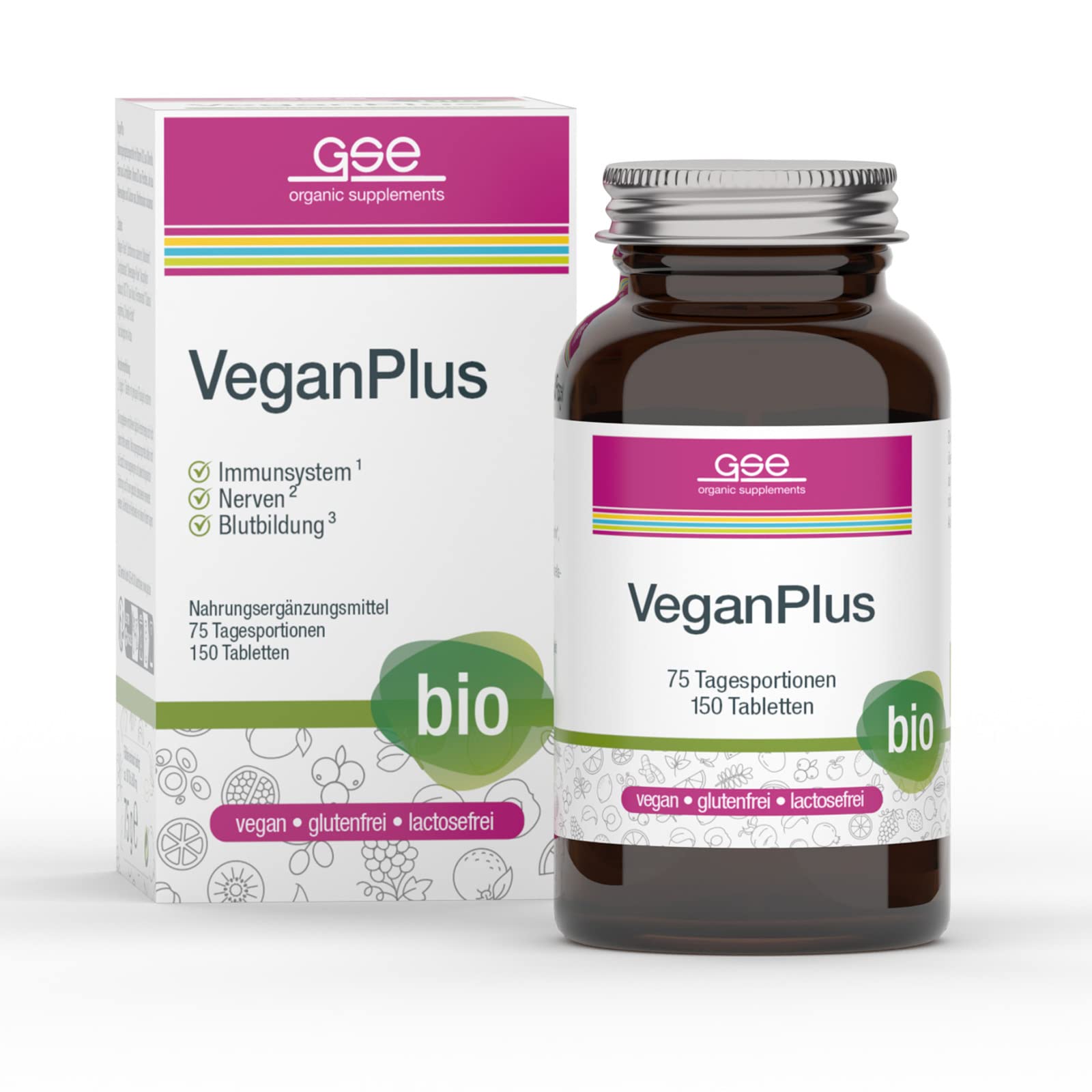 GSE VeganPlus Bio - Nahrungsergänzungsmittel für Veganerinnen & Veganer - Vitamine B12 & D3, Eisen, Jod, Calcium - Komplex rein pflanzlich, Bio - Vegan Supplements, 150 Vegan Tabletten