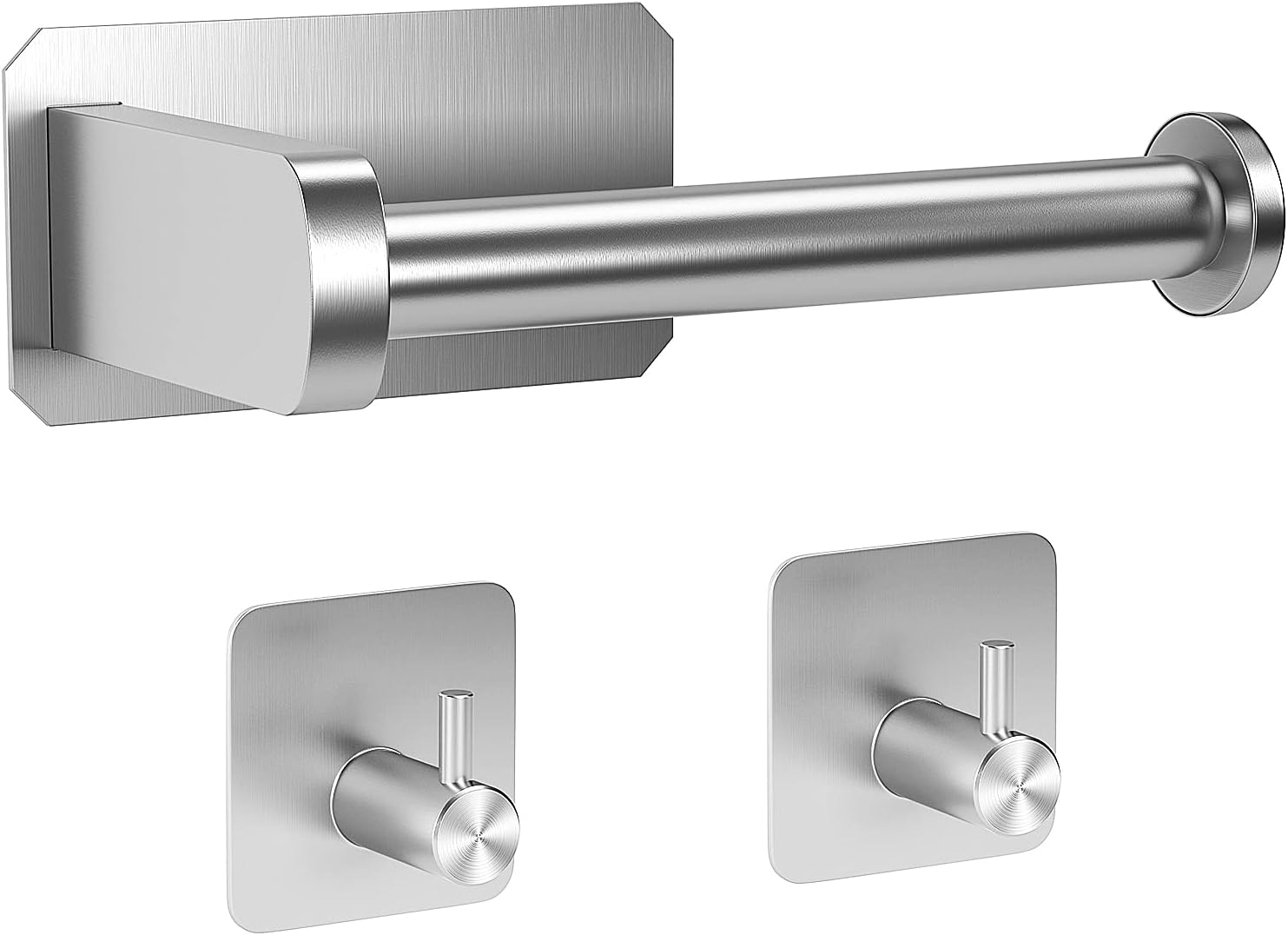 AnflyRV Toilet Paper Holder - Brushed Nickel Adhesive Toilet Paper Holder with 2 Hanging Hooks for Campers, Bathroom, Kitchen and Bedroom - Silver