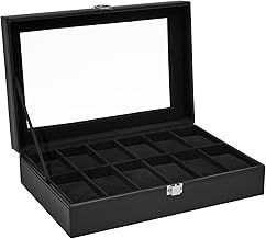 Ohuhu 12 Compartments Watch Box with Glass Lid and Removable Velvet Pads, Watch Case for Men and Women, Valentine's Day Birthday Gift