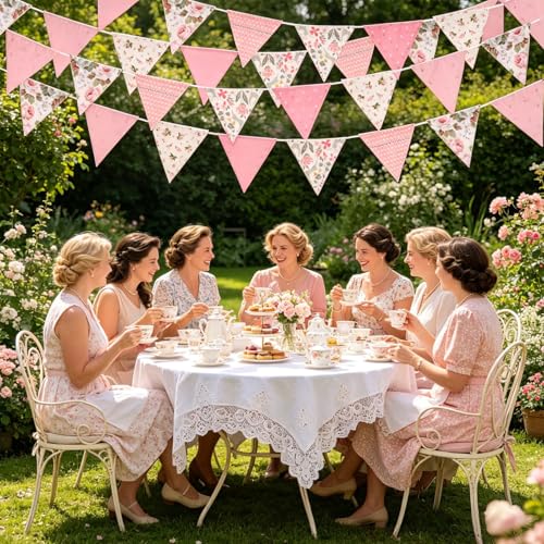 Image of Zwiebeco 32Ft Pink Fabric Floral Pennant Banner Bunting Cotton Pinkish Flowers Triangle Flags Party Decorations for Birthday Wedding Engagement Bridal Baby Shower Rustic Village Home Garden Decor