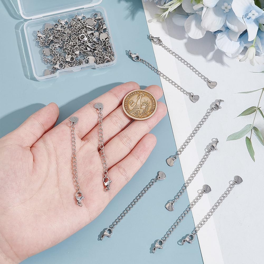 UNICRAFTALE 30Pcs 304 Stainless Steel Curb Chain Extender End Chains with Lobster Claw Clasps and Heart Chain Tabs 75mm Long Bracelet Necklace Extension Chains for DIY Jewelry Making - Image 4