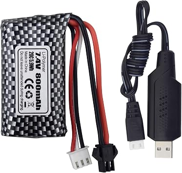 1PCS 7.4V 800mAh SM Plug Lithium Battery and USB Charging Cable Suitable for WPL C24 D12 RC Truck Anstoy 1085 1086 1087 1088 Gel Ball Blasting Machine SYMA Q12 RC Boat Spare Batteries