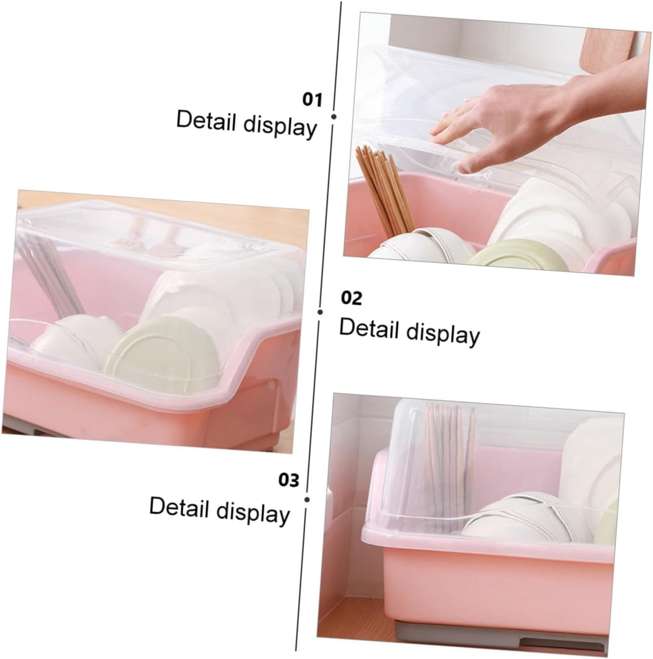 Multifunctional Plastic Kitchen Cutlery Storage Rack with Transparent Lid Heavy-Duty PP Dish Drying Organizer with Built Drain Board Easy to Assemble and Clean Large Pink Tableware