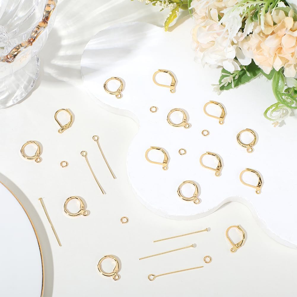 Beebeecraft 40Pcs 2 Styles Leverback Earring Hooks, Earring Making Findings Supplies Kit with 100Pcs Jump Ring 40Pcs Eye Pins for Jewelry DIY Accessories