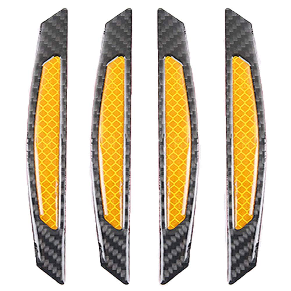 ZYTC 4pcs 3D Super Yellow Reflective Stickers Black Real Carbon Fiber Strips Car Side Door Edge Bumper Anti-Scratch Protection Guards Trim Stickers Universal