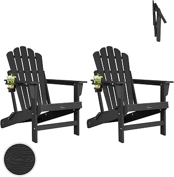 FUNBERRY Folding Adirondack Chair Set of 2, Fire Pit Chairs with Cup Holder | Wood-Grain, HDPE All Weather, Quick-Folding, No Rot, UV Fade Shield, 400LBS Weight Capacity, Easy-Clean for Outside