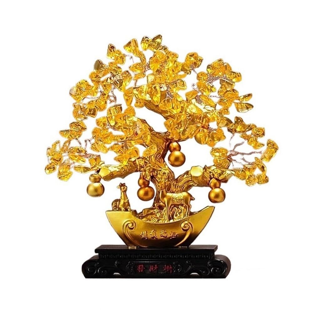 Home Decor Desktop Citrine with Base Fortune Tree Ornament, Wealth Prosperity Living Room Office Crafts Bonsai(Gold)