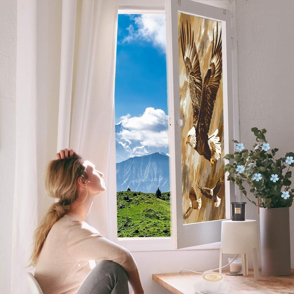 Majestic Eagle Frosted Window Privacy Film, Abstract Nature Bird Cool Animals Window Glass Covering, Adhesive Window Sticker Decals for Home 35.4Wx63L inch