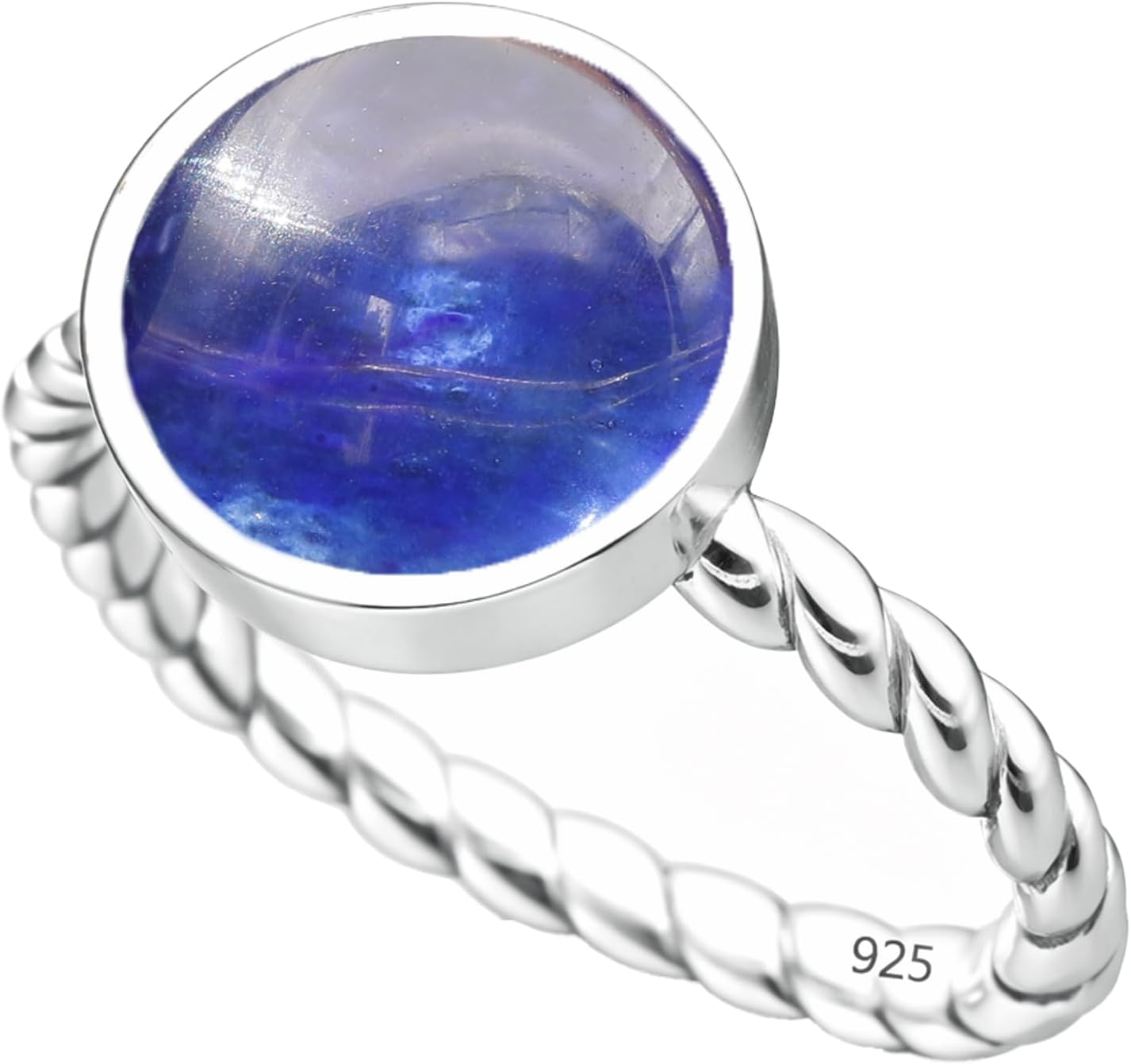 925 Sterling Silver 10mm Round Gemstone Ring for Women | Rhodium Plated Bezel Set Twisted Rope Band Statement Ring | Vintage Inspired Elegant Jewelry | Artisan Handmade Designer Silver Ring