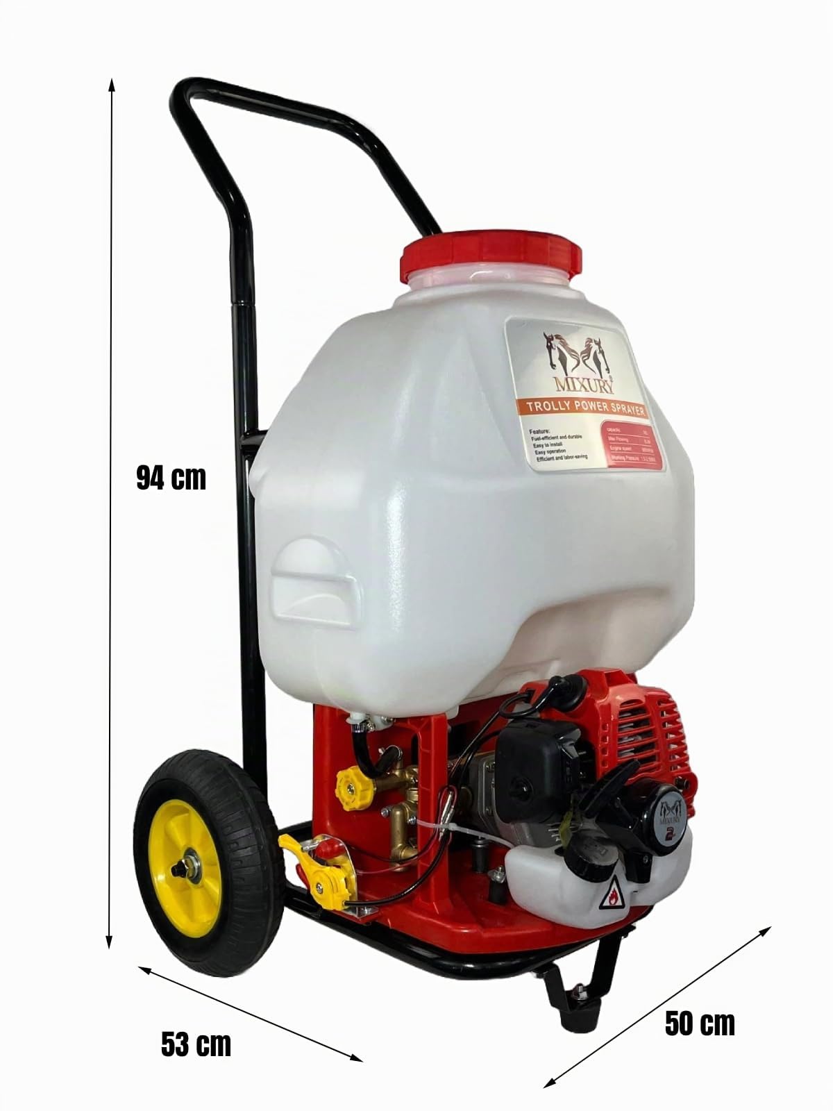 X-30 Fumigadora Pulverizador a Gasolina 2T (27 CC, 1,5 CV) con Mangueras 2m y 10m, Carro y Lanza Regulable – Sulfatadora Eficiente para Jardín y Agricultura – Instrucciones en Castellano.