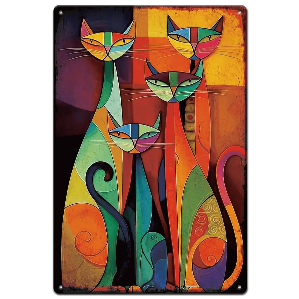 SUPERDANT Abstract Cat Metal Signs Cartoon Animal Tin Sign Retro Colorful Wall Plaques Funny Iron Poster Art for Man Cave Home Living Room Vintage Decor Housewarming Gift
