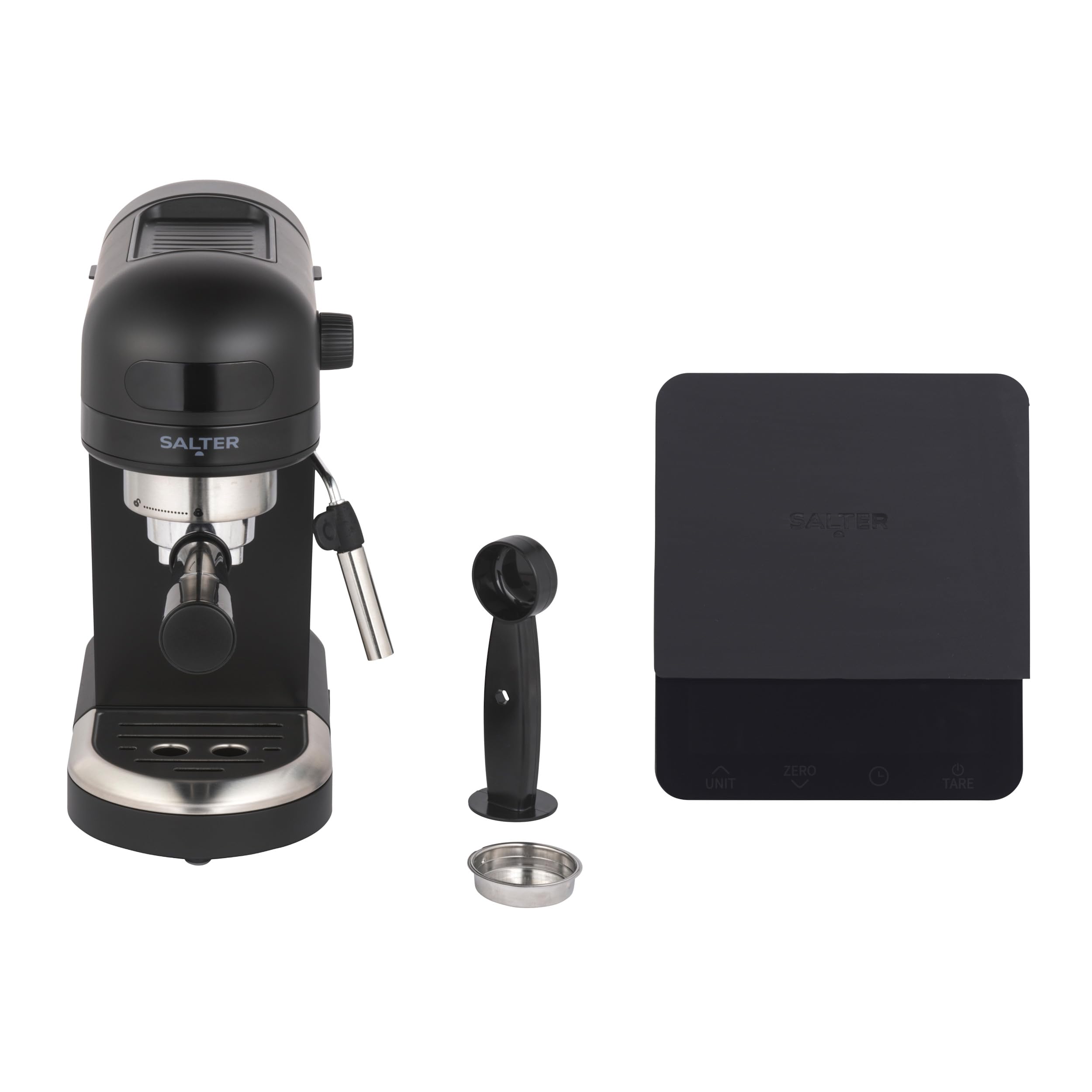 Salter Espirista & Coffee Scale Set - 1.4 L BPA-Free Ground Coffee Machine, 3kg Cap. 0.1g Precision Scale with Timer, Single/Double Function, Milk Frother, 15-Bar Italian Pressure, Rechargeable, Black