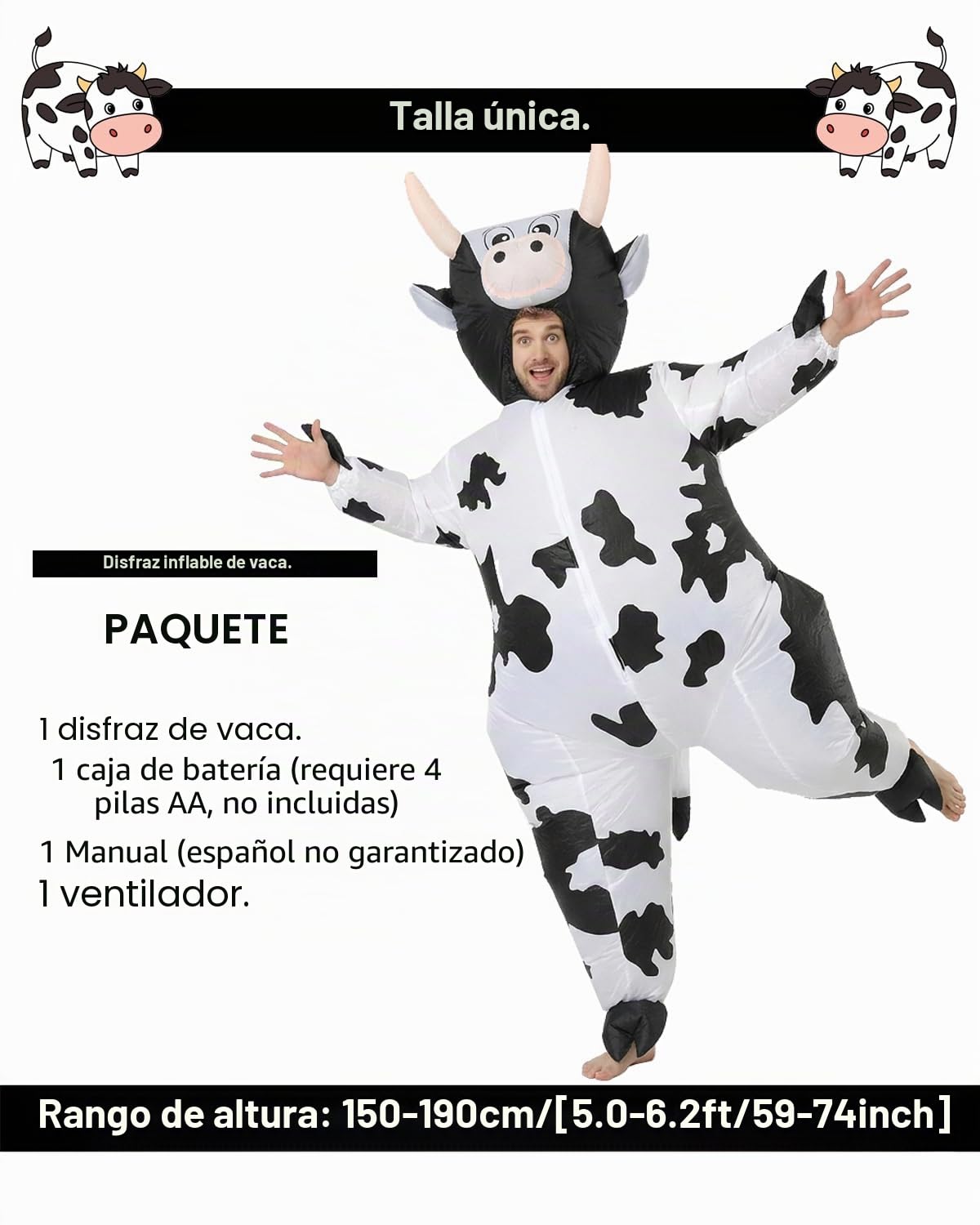 Disfraz de vaca inflable para adultos, divertido disfraz de vaca de cuerpo entero - Inflatable Cow Costume Adults - perfecto para carnaval, Fasching, fiestas temáticas y JGA – Talla única