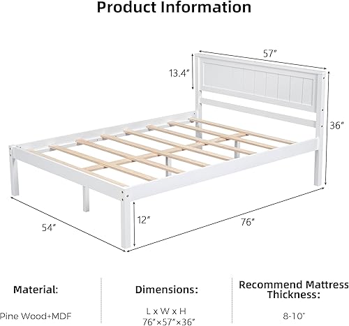 Miniatura 2 de Merax Cama de plataforma de madera de tamaño matrimonial cama con cabecero, soporte de listones de madera, no necesita somier, cama de plataforma de