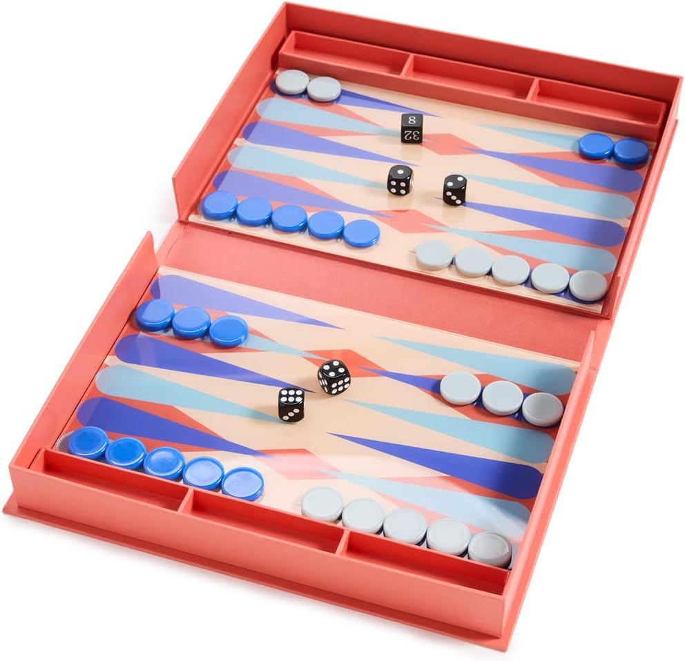 Printworks Art of Backgammon – Bold Red & Blue Acrylic Game, Compact Book-Style Set for Adults, Stylish Strategy Board