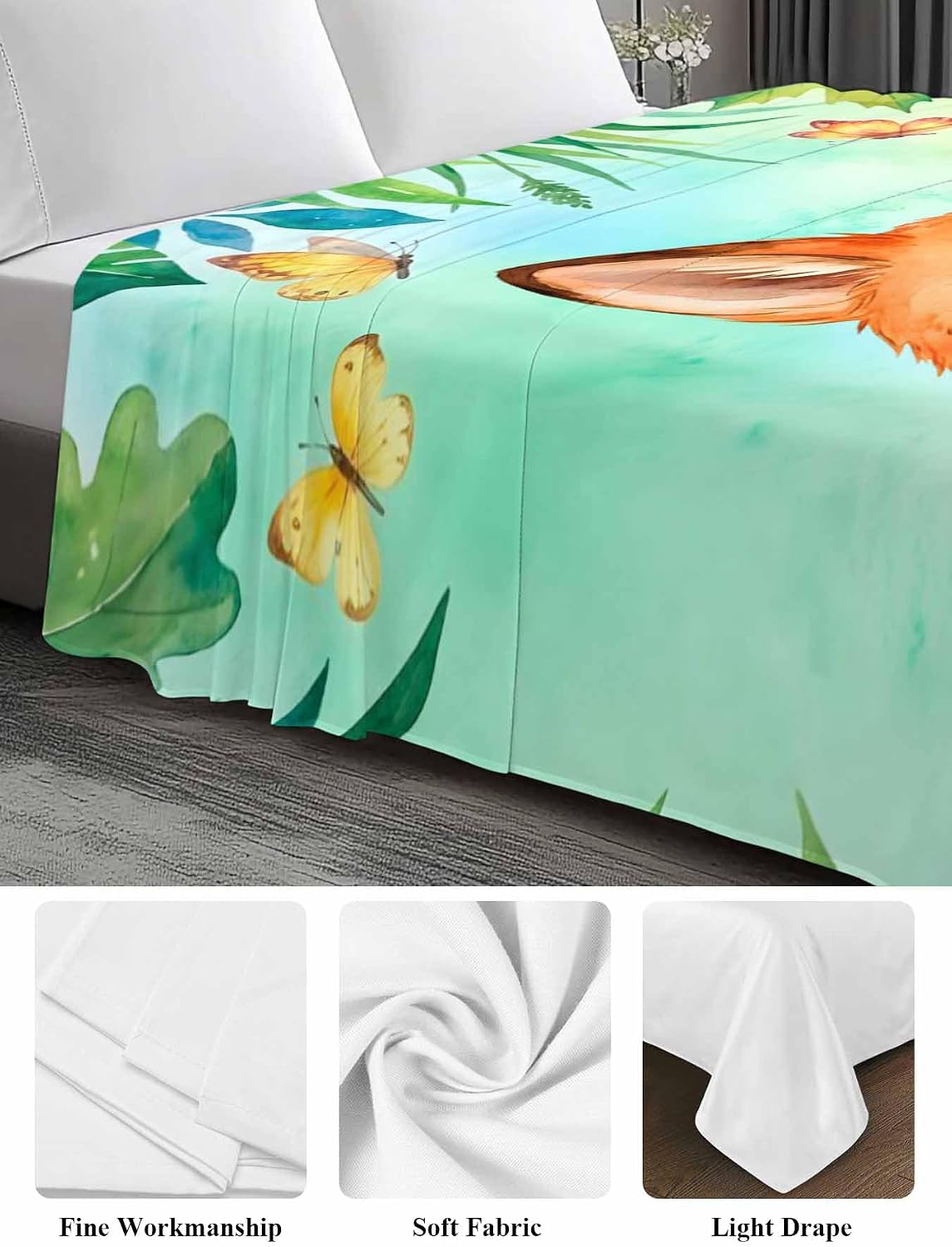 Full Flat Sheet, Cartoon Fox Full Bed Sheets Only, Soft Microfiber Flat Sheet, Summer Butterfly Fern Tropical Palm Plants Hotel Quality Bedding Top Sheet Bedroom Home Dorm Decor