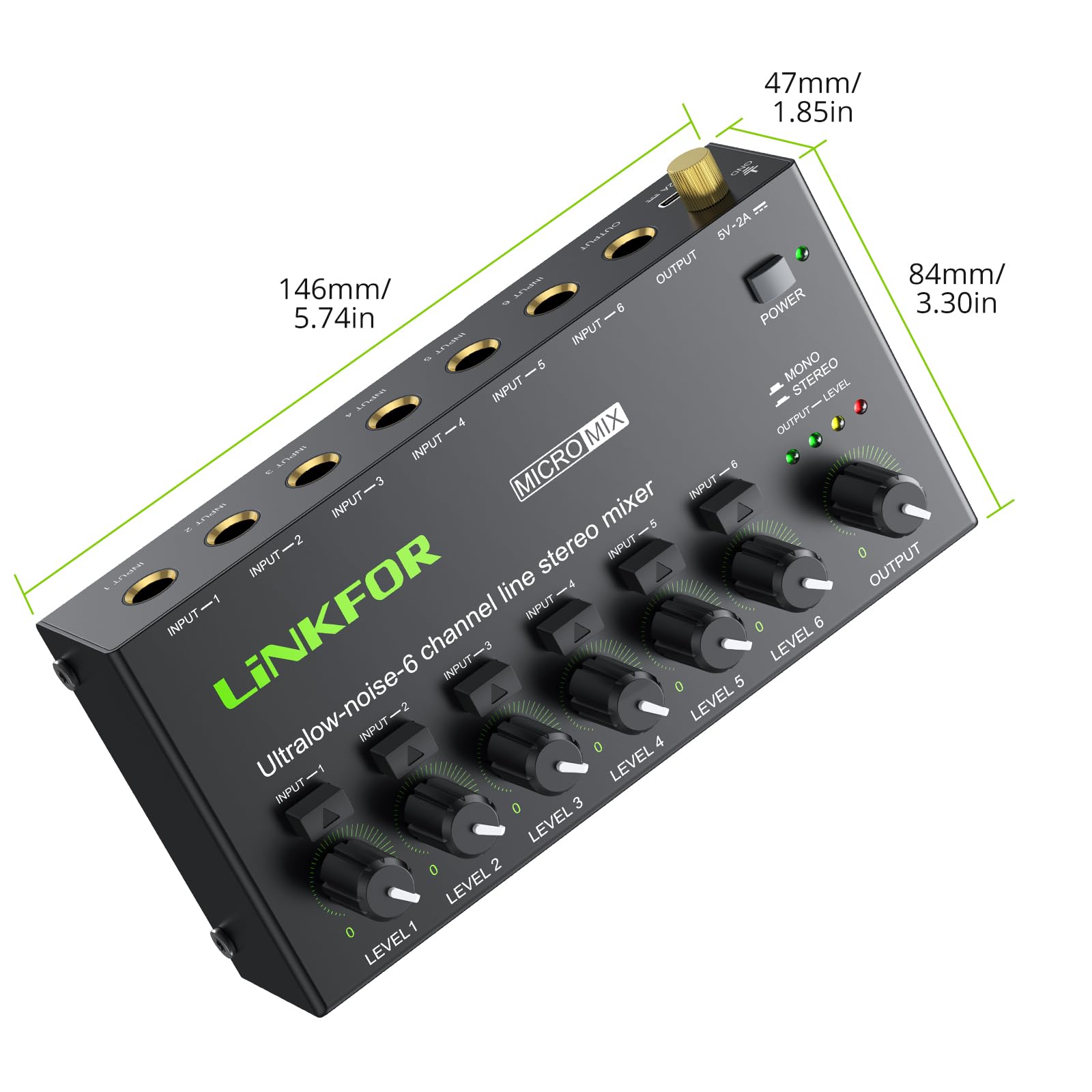 LiNKFOR 6 Kanal Mini Stereo Audio Mixer Ultrakompakter Audiomixer Unabhängige Lautstärkeregelung für Mischungen, DC 5V Type-C Mini-Audiomischer mit Netzteil Audiokabel - Ultra Niedrig Noise