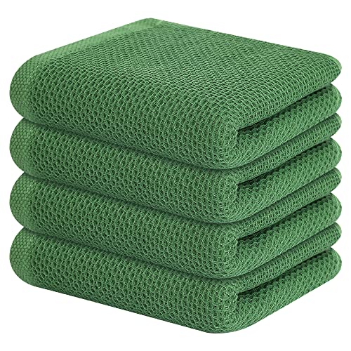 Kitinjoy 100% Cotton Waffle Weave Kitchen Towels, 4-Pack Super Soft and Absorbent Dish Towels for Drying Dishes, Kitchen Hand Towels, 13 in x 28 in, Grass Green
