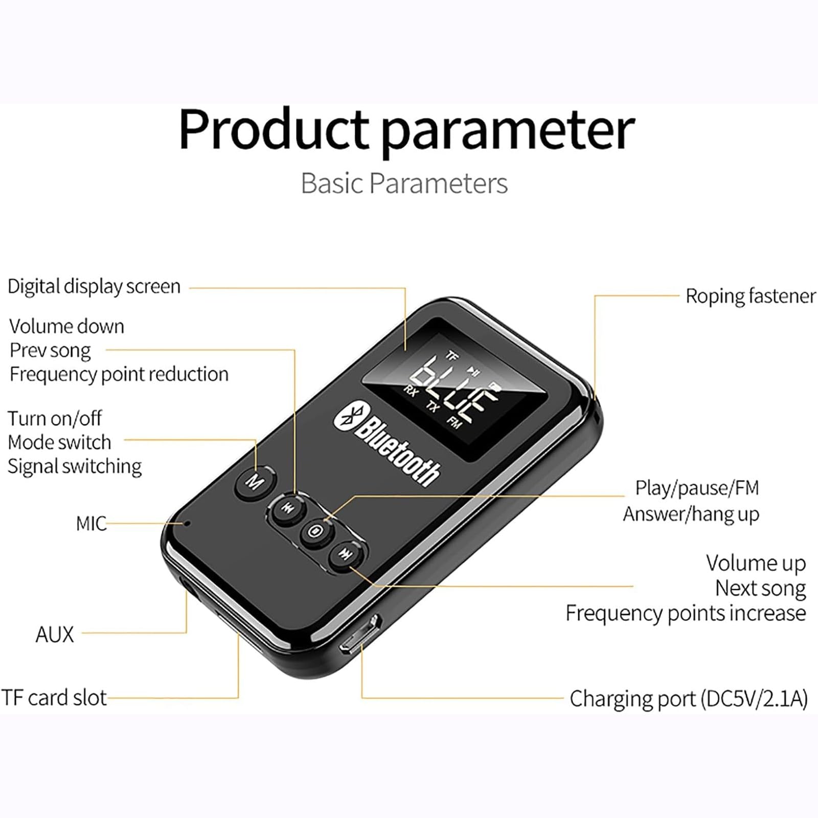 Ricevitore trasmettitore Bluetooth 5.0, adattatore ricetrasmettitore wireless portatile ricaricabile con jack da 3,5 mm, supporto riproduzione scheda TF/trasmissione FM (87,5~108HMZ FM), per altoparla