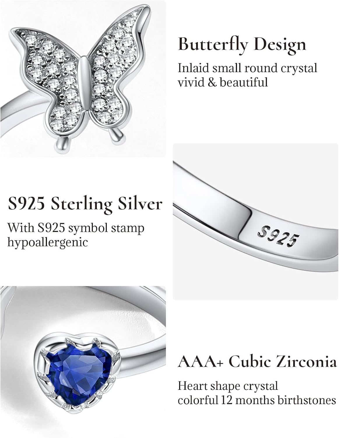SILVERCUTE Butterfly Rings for Women - 925 Sterling Silver Birthstone Ring Women Jan-Dec Adjustable Ring with Cubic Zirconia Cute Butterfly Jewelry