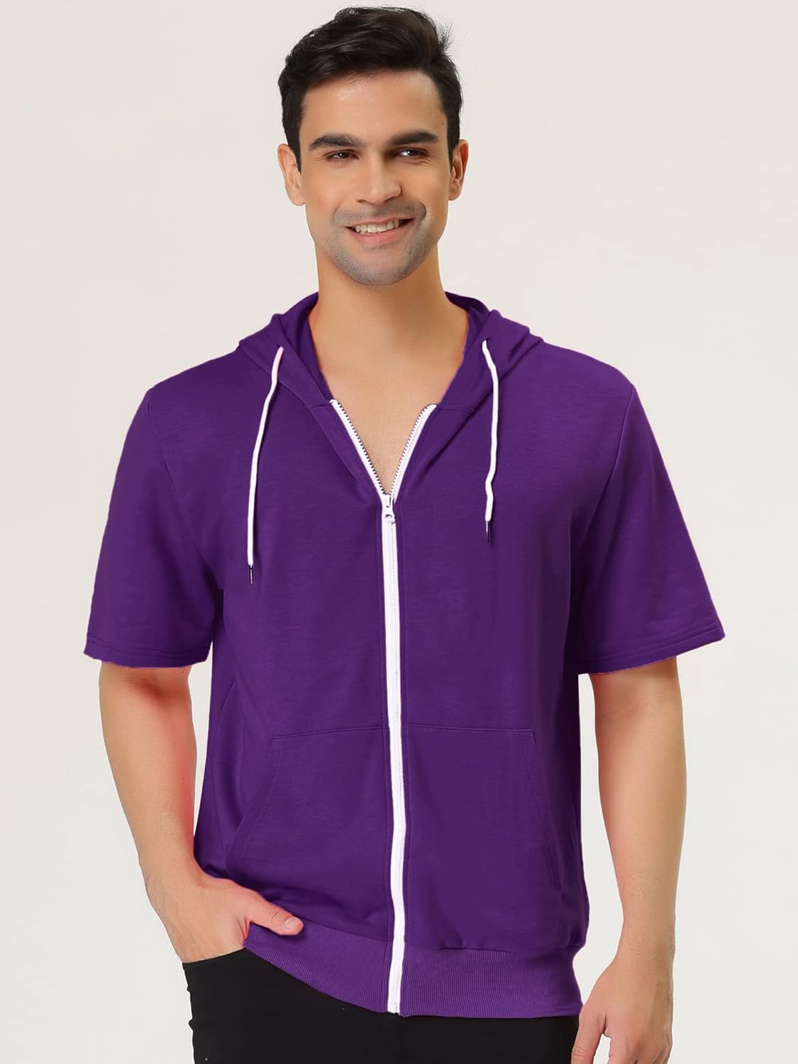 Lars Amadeus Men's Short Sleeve Hoodies Solid Color Zip Up Jackets with Hood - Image 2