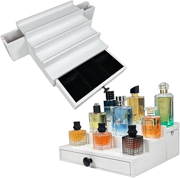 4 tier white cologne organizer with 3 tier white one